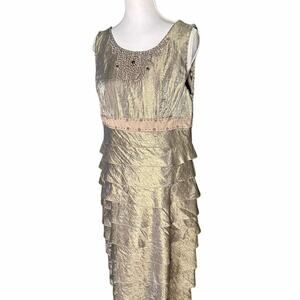Adrianna Papell Size 12 Champagne Formal Beaded Midi Ruffled Sleeveless Dress